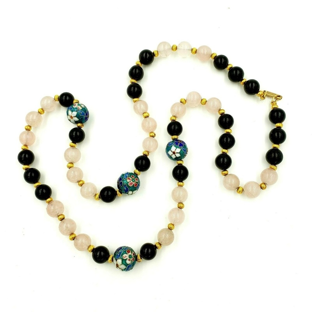 Hobé Necklace Blue Cloisonne Pink Quartz 28"